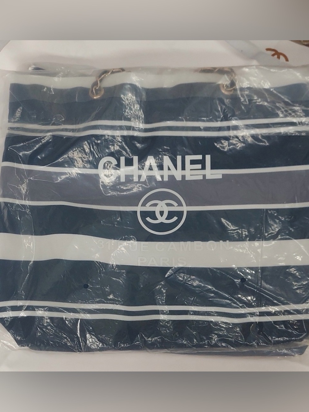 Luxury Tote Navy, White & Gray Striped Chain-Handle Tote NWT - Picture 12 of 12